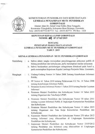 SK Tentang Penetapan Maklumat Layanan LPMP Gorontalo Tahun 2019