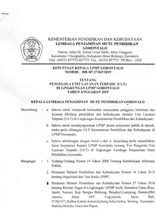 SK Tentang Pengelola Unit Layanan Terpadu (ULT) di Lingkungan LPMP Gorontalo Tahun 2019