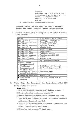 4
LAMPIRAN
KEPUTUSAN KEPALA UPT PUSKESMAS SIBELA
DINAS KESEHATAN KOTA SURAKARTA
NOMOR :440/026.5 / I / 2019
TANGGAL : 2 Januari 2019
TENTANG
TIM PENCEGAHAN DAN PENGENDALIAN INFEKSI (PPI)
TIM PENCEGAHAN DAN PENGENDALIAN INFEKSI (PPI)DI UPT
PUSKESMAS SIBELA DINAS KESEHATAN KOTA SURAKARTA
I. Susunan Tim Pencegahan dan Pengendalian Infeksi UPT Puskesmas
Sibela Surakarta
Ketua : dr. Anistyaning wahyu Adhie
Sekretaris/IPCN : Nataliana IAN, S. Kep., Ns.
IPCLN Ruang Perawatan : RujanahWaluyati, S Kep
IPCLN UGD : Thoyib Haryono, SST
IPCLN Ruang Persalinan : Ngadiyem, Am Keb
IPCLN Ruang TB : Ratinah, S kep
IPCLN Ruang lansia : Sri Eny Pudjiati
IPCLN Ruang KIA : Dwi P, AmKeb
IPCLN Ruang MTBS : Pudjiastuti , AmKeb
IPCLN Ruang Imunisasi : YoanaFransisca KH, SST
IPCLN Ruang GIGI : Djani S
IPCLN Ruang Umum : Winarni, S KeP
IPCLD : drg. Praspanti Wulandari
Anggota Tim Lain
 Penanggungjawab
Unit Farmasi
:
: Beti Salimah I, S. Farm. Apt
 Penanggungjawab
Unit Laboratorium
: Ety Parwatiningsih Amd. AK
 Penanggung jawab
sarana danPrasarana
: Sulistowati, SKM
 Penggung Jawab Gizi : Sarwanti, AMG
 Sanitasi dan
Laundry
: Dian Intan Pandini, AMDKL
II. Uraian Tugas Tim Pencegahan dan Pengendalian Infeksi UPT
Puskesmas Sibela Surakarta
Ketua Tim PPI
1. Menyusun kebijakan, pedoman, SOP, KAK dan program PPI
2. Mengkoordinasikan pelaksanaan kegiatan PPI
3. Berkontribusi dalam diagnosis dan terapi infeksi yang benar.
4. Turut menyusun pedoman penulisan resep AB dan monitoring
pelaksanaan dan mendeteksi KLB.
5. Membimbing dan mengajarkan praktek dan prosedur PPI yang
berhubungan dengan prosedur terapi
6. Melaporkan hasil kegiatan PPI tiap 6 bulan
 
