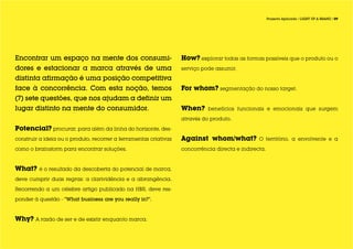 Projecto Aplicado / LIGHT UP A BRAND / 09




Encontrar um espaço na mente dos consumi-                          How? explorar todas as formas possíveis que o produto ou o
dores e estacionar a marca através de uma                          serviço pode assumir.

distinta afirmação é uma posição competitiva
face à concorrência. Com esta noção, temos                         For whom? segmentação do nosso target.
(7) sete questões, que nos ajudam a definir um
lugar distinto na mente do consumidor.                             When?     benefícios funcionais e emocionais que surgem

                                                                   através do produto.

Potencial? procurar, para além da linha do horizonte, des-
construir a ideia ou o produto, recorrer a ferramentas criativas   Against whom/what?            O território, a envolvente e a

como o brainstorm para encontrar soluções.                         concorrência directa e indirecta.



What?    é o resultado da descoberta do potencial de marca,

deve cumprir duas regras: a clarividência e a abrangência.

Recorrendo a um célebre artigo publicado na HBR, deve res-

ponder à questão - “What business are you really in?”.



Why? A razão de ser e de existir enquanto marca.
 