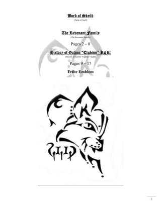 1
Borð af Skrúð
(Table of Stuff)
The Revenant Family
(The Revenant Family)
Pages 2 – 8
History of Galinn “Elghinn” Kǫ ttr
(History of Galinn “Elghinn” Kottr)
Pages 9 – 17
Tribe Emblem
 
