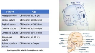 Suture Age
Metopic suture Obliterates at 2-6 yrs
Basilar suture Obliterates at 18-21 yrs
Sagittal suture Obliterates at 30-35 yrs
Coronal suture Obliterates at 35-40 yrs
Lambdoid suture Obliterates at 45-50 yrs
Squamous
suture
Obliterates at 60 yrs
Spheno-parietal
suture
Obliterates at 70 yrs
Suture closes little latter in females than in males
 