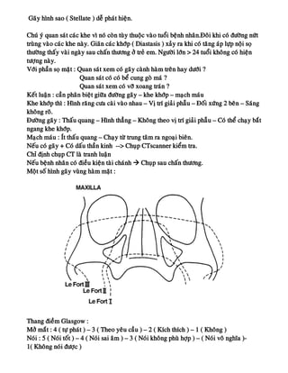 Gaõy hình sao ( Stellate ) deã phaùt hieän.
Chuù yù quan saùt caùc khe vì noù coøn tuøy thuoäc vaøo tuoåi beänh nhaân.Ñoâi khi coù ñöôøng nöùt
truøng vaøo caùc khe naøy. Giaõn caùc khôùp ( Diastasis ) xaûy ra khi coù taêng aùp löïp noäi soï
thöôøng thaáy vaøi ngaøy sau chaán thöông ôû treû em. Ngöôøi lôùn > 24 tuoåi khoâng coù hieän
töôïng naøy.
Vôùi phaàn soï maët : Quan saùt xem coù gaõy caønh haøm treân hay döôùi ?
Quan saùt coù coù beå cung goø maù ?
Quan saùt xem coù vôõ xoang traùn ?
Keát luaän : caàn phaân bieät giöõa ñöôøng gaõy – khe khôùp – maïch maùu
Khe khôùp thì : Hình raêng cöa caøi vaøo nhau – Vò trí giaûi phaãu – Ñoái xöùng 2 beân – Saùng
khoâng roõ.
Ñöôøng gaõy : Thaáu quang – Hình thaúng – Khoâng theo vò trí giaûi phaãu – Coù theå chaïy baét
ngang khe khôùp.
Maïch maùu : Ít thaáu quang – Chaïy töø trung taâm ra ngoaïi bieân.
Neáu coù gaõy + Coù daáu thaàn kinh --> Chuïp CTscanner kieåm tra.
Chæ ñònh chuïp CT laø tranh luaän
Neáu beänh nhaân coù ñieàu kieän taøi chaùnh  Chuïp sau chaán thöông.
Moät soá hình gaõy vuøng haøm maët :
Thang ñieàm Glasgow :
Môû maét : 4 ( töï phaùt ) – 3 ( Theo yeâu caàu ) – 2 ( Kích thích ) – 1 ( Khoâng )
Noùi : 5 ( Noùi toát ) – 4 ( Noùi sai aâm ) – 3 ( Noùi khoâng phuø hôïp ) – ( Noùi voâ nghóa )-
1( Khoâng noùi ñöôïc )
 