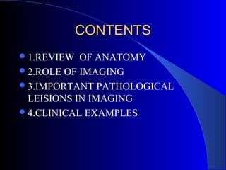 CONTENTSCONTENTS
1.REVIEW OF ANATOMY
2.ROLE OF IMAGING
3.IMPORTANT PATHOLOGICAL
LEISIONS IN IMAGING
4.CLINICAL EXAMPLES
 