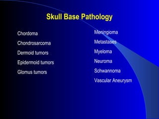Skull Base Pathology
Chordoma
Chondrosarcoma
Dermoid tumors
Epidermoid tumors
Glomus tumors
Meningioma
Metastases
Myeloma
Neuroma
Schwannoma
Vascular Aneurysm
 