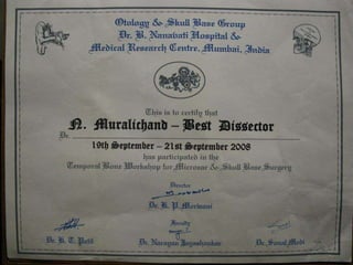 Below presentation is
SKULL BASE 360°-Part 2
Indetail eloborate description for
each part of skullbase360 done at
www.skullbase360.in
» Presentation by
» Dr. N. Murali Chand DLO MS (ENT) FHM
» Fellowship in HIV medicine, MAMC, New Delhi
» My website = www.integratedmedicine.co.in
• www.skullbase360.in
» Cell= +91 99496 77605
 