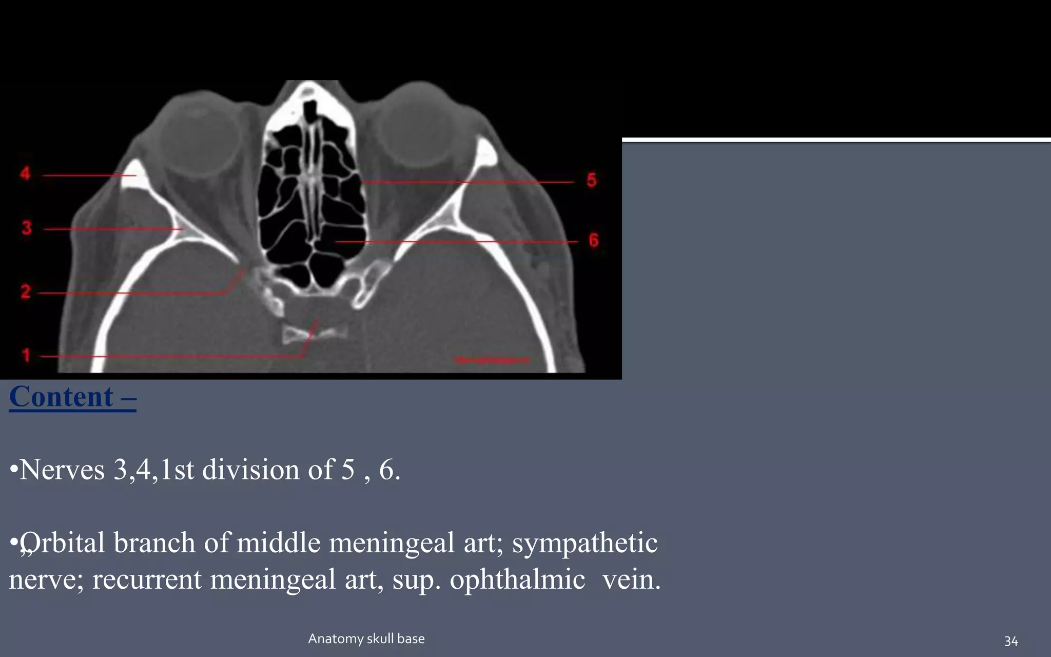 Content –
•Nerves 3,4,1st division of 5 , 6.
•„Orbital branch of middle meningeal art; sympathetic
nerve; recurrent meningeal art, sup. ophthalmic vein.
34Anatomy skull base
 