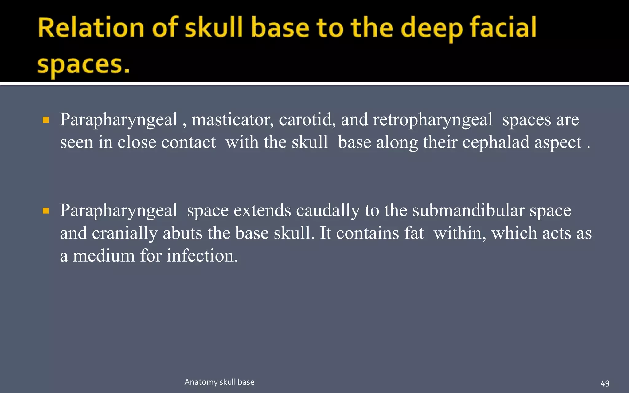  Parapharyngeal , masticator, carotid, and retropharyngeal spaces are
seen in close contact with the skull base along their cephalad aspect .
 Parapharyngeal space extends caudally to the submandibular space
and cranially abuts the base skull. It contains fat within, which acts as
a medium for infection.
49Anatomy skull base
 