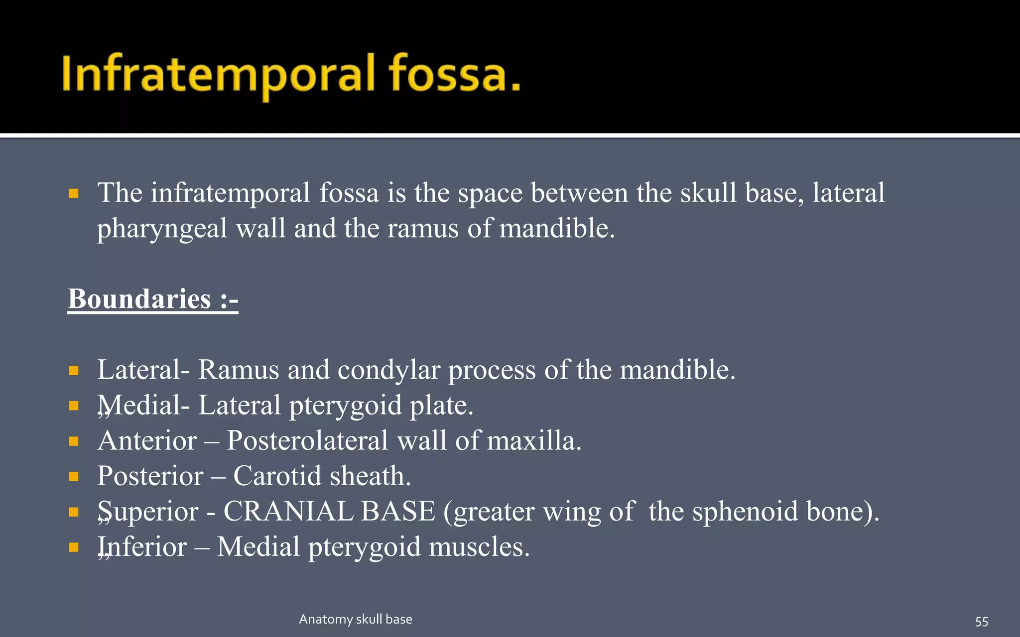  The infratemporal fossa is the space between the skull base, lateral
pharyngeal wall and the ramus of mandible.
Boundaries :-
 Lateral- Ramus and condylar process of the mandible.
 „Medial- Lateral pterygoid plate.
 Anterior – Posterolateral wall of maxilla.
 Posterior – Carotid sheath.
 „Superior - CRANIAL BASE (greater wing of the sphenoid bone).
 „Inferior – Medial pterygoid muscles.
55Anatomy skull base
 