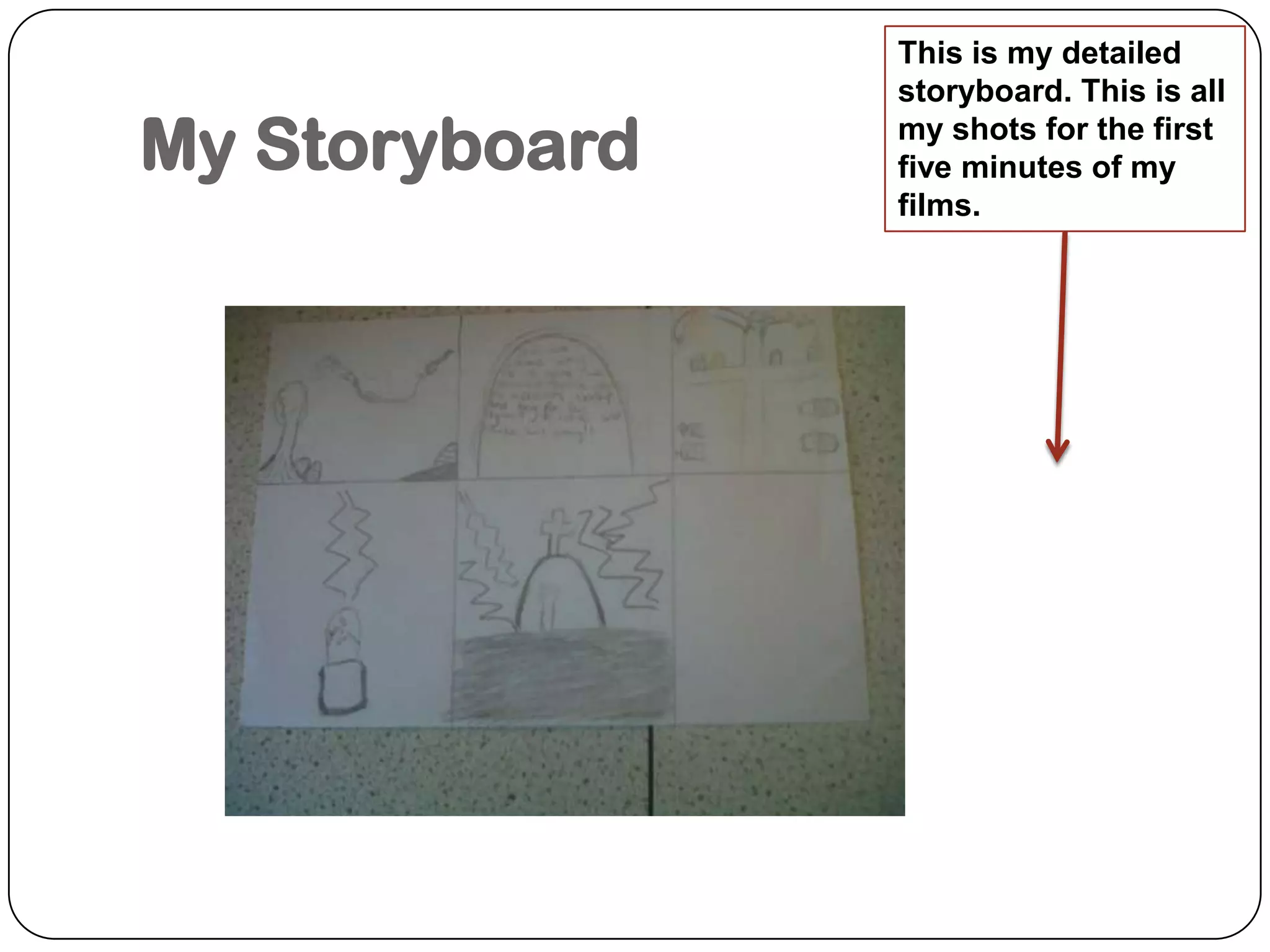 My StoryboardThis is my detailed storyboard. This is all my shots for the first five minutes of my films.