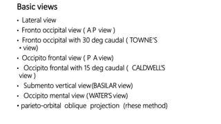 Basic views
• Lateral view
• Fronto occipital view ( A P view )
• Fronto occipital with 30 deg caudal ( TOWNE’S
• view)
• Occipito frontal view ( P A view)
• Occipito frontal with 15 deg caudal ( CALDWELL’S
view )
• Submento vertical view(BASILAR view)
• Occipito mental view (WATER’S view)
• parieto-orbital oblique projection (rhese method)
 