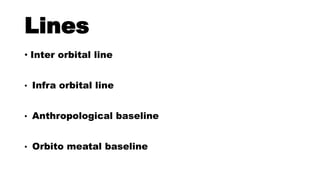Lines
• Inter orbital line
• Infra orbital line
• Anthropological baseline
• Orbito meatal baseline
 