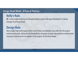 @russu
#skunkworks
Design Skunk Works - 8 Rules & Practices
#4 - A very simple drawing and drawing release system with great ﬂexibility for making
changes must be provided.
Kelly’s Rule
Very simple, high-level requirements and/or ﬂows and sketches may sufﬁce for the project
overview and goals, along with the ﬂexibility for designers to make adjustments as determined
necessary—including the cancelation of the project—for the best results.
Design Rule
 