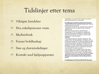 Tidslinjer etter tema
Viktigste hendelser
Hva enkeltpersoner visste
Medisinbruk
Fravær bofellesskap
Sms og chat-utvekslinger
Kontakt med hjelpeapparatet
 