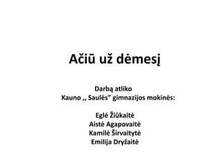 Ačiū už dėmesį
Darbą atliko
Kauno ,, Saulės” gimnazijos mokinės:
Eglė Žiūkaitė
Aistė Agapovaitė
Kamilė Širvaitytė
Emilija Dryžaitė
 