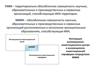 ТИИК – территориально обособленная совокупность научных,
    образовательных и производственных и сервисных
      организаций, способствующая ИИА территории.

       МИИК – обособленная совокупность научных,
     образовательных и производственных и сервисных
 организаций расположенных в нескольких муниципальных
           образованиях, способствующая ИИА.

  Инновационно-инвестиционный                             Интеграция
             центр                                      инновационно-
                                                    инвестиционного центра
                      МИИК                             и инновационно-
                                                       инвестиционной
                      Инновационно-инвестиционная   периферии посредством
                              периферия                     МИИК
 
