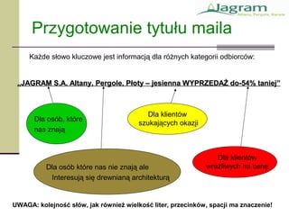 Przygotowanie tytułu maila
Dla osób, które
nas znają
„„JAGRAM S.A. Altany, Pergole, Płoty – jesienna WYPRZEDAŻ do-54% taniej”JAGRAM S.A. Altany, Pergole, Płoty – jesienna WYPRZEDAŻ do-54% taniej”
Dla osób które nas nie znają ale
Interesują się drewnianą architekturą
Dla klientów
szukających okazji
Dla klientów
wrażliwych na cenę
UWAGA: kolejność słów, jak również wielkość liter, przecinków, spacji ma znaczenie!
Każde słowo kluczowe jest informacją dla różnych kategorii odbiorców:
 