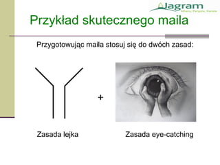 Przykład skutecznego maila
+
Przygotowując maila stosuj się do dwóch zasad:
Zasada lejka Zasada eye-catching
 