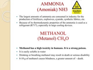 AMMONIA
(Amoniak) NH3
 The largest amounts of ammonia are consumed in industry for the
production of fertilizers, explosives, cyanide, synthetic fabrics, etc.
 Because of its thermodynamic properties of the ammonia is used as a
refrigerant (R717), especially in large cooling devices.
METHANOL
(Metanol) CH4O
 Methanol has a high toxicity in humans. It is a strong poison.
 It is easily soluble in water
 Drinking or breathing methanol may result in death or serious disability
 8-10 g of methanol causes blindness, a greater amount of – death.
 