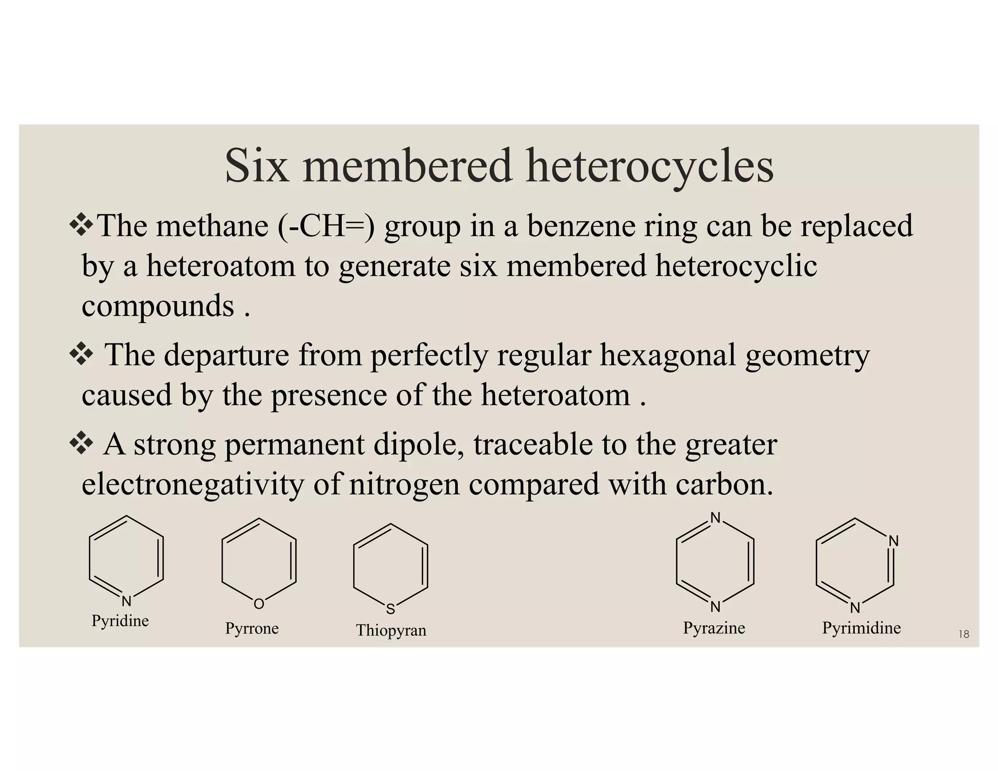Six membered heterocycles
The methane (-CH=) group in a benzene ring can be replaced
by a heteroatom to generate six membered heterocyclic
compounds .
 The departure from perfectly regular hexagonal geometry
caused by the presence of the heteroatom .
 A strong permanent dipole, traceable to the greater
electronegativity of nitrogen compared with carbon.
N O S
Pyridine Pyrrone Thiopyran
N
N
N
N
Pyrazine Pyrimidine 18
 