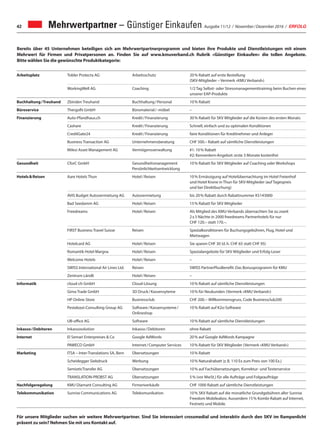 Ausgabe 11/12 / November / Dezember 2016 / ERFOLG42
Arbeitsplatz Tobler Protecta AG Arbeitsschutz 20 % Rabatt auf erste Bestellung
(SKV-Mitglieder – Vermerk «KMU Verband»)
WorkingWell AG Coaching 1/2 Tag Selbst- oder Stressmanagementtraining beim Buchen eines
unserer EAP-Produkte
Buchhaltung / Treuhand Zbinden Treuhand Buchhaltung / Personal 10 % Rabatt
Büroservice Thergofit GmbH Büromaterial / -möbel –
Finanzierung Auto-Pfandhaus.ch Kredit / Finanzierung 30 % Rabatt für SKV Mitglieder auf die Kosten des ersten Monats
Cashare Kredit / Finanzierung Schnell, einfach und zu optimalen Konditionen
CreditGate24 Kredit / Finanzierung faire Konditionen für Kreditnehmer und Anleger
Business Transaction AG Unternehmensberatung CHF 500.– Rabatt auf sämtliche Dienstleistungen
Milesi Asset Management AG Vermögensverwaltung #1: 10 % Rabatt
#2: Kennenlern-Angebot: erste 3 Monate kostenfrei
Gesundheit CforC GmbH Gesundheitsmanagement
Persönlichkeitsentwicklung
10 % Rabatt für SKV Mitglieder auf Coaching oder Workshops
Hotels  Reisen Aare Hotels Thun Hotel / Reisen 10 % Ermässigung auf Hotelübernachtung im Hotel Freienhof
und Hotel Krone in Thun für SKV-Mitglieder (auf Tagespreis
und bei Direktbuchung)
AVIS Budget Autovermietung AG Autovermietung bis 20 % Rabatt durch Rabattnummer K5143000
Bad Seedamm AG Hotel / Reisen 15 % Rabatt für SKV Mitglieder
Freedreams Hotel / Reisen Als Mitglied des KMU-Verbands übernachten Sie zu zweit
2 x 3 Nächte in 2000 freedreams Partnerhotels für nur
CHF 120.– statt 170.–.
FIRST Business Travel Suisse Reisen Spezialkonditionen für Buchungsgebühren, Flug, Hotel und
Mietwagen
Hotelcard AG Hotel / Reisen Sie sparen CHF 30 (d. h. CHF 65 statt CHF 95)
Romantik Hotel Margna Hotel / Reisen Spezialangebote für SKV Mitglieder und Erfolg-Leser
Welcome Hotels Hotel / Reisen –
SWISS International Air Lines Ltd. Reisen SWISS PartnerPlusBenefit: Das Bonusprogramm für KMU
Zentrum Ländli Hotel / Reisen –
Informatik cloud-ch GmbH Cloud-Lösung 10 % Rabatt auf sämtliche Dienstleistungen
Gima Trade GmbH 3D Druck / Kassensyteme 10 % für Neukunden (Vermerk «KMU Verband»)
HP Online Store Businessclub CHF 200.-- Willkommensgruss, Code Businessclub200
Pestalozzi-Consulting Group AG Software / Kassensysteme / 
Onlineshop
10 % Rabatt auf K2o-Software
UB-office AG Software 10 % Rabatt auf sämtliche Dienstleistungen
Inkasso / Debitoren Inkassosolution Inkasso / Debitoren ohne Rabatt
Internet El Semari Enterpreises  Co Google AdWords 20 % auf Google AdWords Kampagne
PAWECO GmbH Internet / Computer Services 10 % Rabatt für SKV Mitglieder (Vermerk «KMU Verband»)
Marketing ITSA – Inter-Translations SA, Bern Übersetzungen 10 % Rabatt
Scheidegger Siebdruck Werbung 10 % Naturalrabatt (z. B. 110 Ex zum Preis von 100 Ex.)
SemioticTransfer AG Übersetzungen 10 % auf Fachübersetzungen, Korrektur- und Texterservice
TRANSLATION-PROBST AG Übersetzungen 5 % (vor MwSt.) für alle Aufträge und Folgeaufträge
Nachfolgeregelung KMU Diamant Consulting AG Firmenverkäufe CHF 1000 Rabatt auf sämtliche Dienstleistungen
Telekommunikation Sunrise Communications AG Telekomunikation 10 % SKV Rabatt auf die monatliche Grundgebühren aller Sunrise
Freedom Mobileabos. Ausserdem 15 % Kombi-Rabatt auf Internet,
Festnetz und Mobile.
Bereits über 45 Unternehmen beteiligen sich am Mehrwertpartnerprogramm und bieten ihre Produkte und Dienstleistungen mit einem
Mehrwert für Firmen und Privatpersonen an. Finden Sie auf www.kmuverband.ch Rubrik «Günstiger Einkaufen» die tollen Angebote.
Bitte wählen Sie die gewünschte Produktkategorie:
Mehrwertpartner – Günstiger Einkaufen
Für unsere Mitglieder suchen wir weitere Mehrwertpartner. Sind Sie interessiert crossmedial und interaktiv durch den SKV im Rampenlicht
präsent zu sein? Nehmen Sie mit uns Kontakt auf.
 