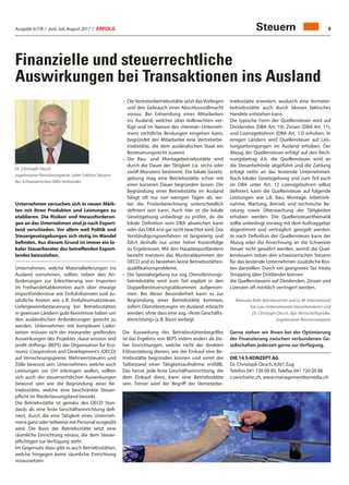 Ausgabe 6/7/8 / Juni, Juli, August 2017 / ERFOLG 9
Finanzielle und steuerrechtliche
Auswirkungen bei Transaktionen ins Ausland
Dr. Christoph Oesch
zugelassener Revisionsexperte, Leiter Sektion Steuern
des Schweizerischen KMU Verbandes
Unternehmen versuchen sich in neuen Märk-
ten mit ihren Produkten und Leistungen zu
etablieren. Die Risiken und Herausforderun-
gen an das Unternehmen sind je nach Export-
land verschieden. Vor allem weil Politik und
Steuergesetzgebungen sich stetig im Wandel
befinden. Aus diesem Grund ist immer ein lo-
kaler Steuerberater des betreffenden Export-
landes beizuziehen.
Unternehmen, welche Materiallieferungen ins
Ausland vornehmen, sollten neben den An-
forderungen zur Erleichterung von Importen
im Freihandelsabkommen auch über etwaige
Importhindernisse wie Einfuhrlizenzen und zu-
sätzliche Kosten wie z. B. Einfuhrumsatzsteuer,
Liefergewinnbesteuerung bei Betriebsstätten
in gewissen Ländern gute Kenntnisse haben um
den ausländischen Anforderungen gerecht zu
werden. Unternehmen mit komplexen Liefer-
ketten müssen sich der ineinander greifenden
Auswirkungen des Projektes «base erosion and
profit shifting» (BEPS) der Organisation for Eco-
nomic Cooperation and Development’s (OECD)
auf Verrechnungspreise, Mehrwertsteuern und
Zölle bewusst sein. Unternehmen, welche auch
Leistungen vor Ort erbringen wollen, sollten
sich auch der steuerrechtlichen Auswirkungen
bewusst sein wie die Begründung einer Be-
triebsstätte, welche eine beschränkte Steuer-
pflicht im Niederlassungsland bewirkt.
Die Betriebsstätte ist gemäss des OECD Stan-
dards als eine feste Geschäftseinrichtung defi-
niert, durch die eine Tätigkeit eines Unterneh-
mens ganz oder teilweise mit Personal ausgeübt
wird. Die Basis der Betriebsstätte setzt eine
räumliche Einrichtung voraus, die dem Steuer-
pflichtigen zur Verfügung steht.
Im Gegensatz dazu gibt es auch Betriebsstätten,
welche hingegen keine räumliche Einrichtung
voraussetzen:
triebsstätte erweitert, wodurch eine Vertreter-
betriebsstätte auch durch blosses faktisches
Handeln entstehen kann.
Die typische Form der Quellensteuer wird auf
Dividenden (DBA Art. 10), Zinsen (DBA Art. 11),
und Lizenzgebühren (DBA Art. 12) erhoben. In
einigen Ländern wird Quellensteuer auf Leis-
tungserbringungen im Ausland erhoben. Der
Abzug der Quellensteuer erfolgt auf den Rech-
nungsbetrag d.h. die Quellensteuer wird an
die Steuerbehörde abgeführt und die Zahlung
erfolgt netto an das leistende Unternehmen.
Nach lokaler Gesetzgebung und zum Teil auch
im DBA unter Art. 12 Lizenzgebühren selbst
definiert, kann die Quellensteuer auf folgende
Leistungen wie z.B. Bau, Montage, Inbetrieb-
nahme, Wartung, Betrieb und technische Be-
ratung sowie Überwachung der Tätigkeiten
erhoben werden. Die Quellensteuerthematik
sollte unbedingt vorweg mit dem Auftraggeber
abgestimmt und vertraglich geregelt werden.
Je nach Definition der Quellensteuer kann der
Abzug oder die Anrechnung an die Schweizer
Steuer nicht gewährt werden, womit die Quel-
lensteuern neben den schweizerischen Steuern
für das leistende Unternehmen zusätzliche Kos-
ten darstellen. Durch ein geeignetes Tax treaty
Shopping über Drittländer können
die Quellensteuern auf Dividenden, Zinsen und
Lizenzen oft merklich verringert werden.
Manuela Kahl, Betriebswirtin und LL.M. International
Tax Law (internationale Steuerberaterin) und
Dr. Christoph Oesch, dipl. Wirtschaftsprüfer,
zugelassener Revisionsexperte
Gerne stehen wir Ihnen bei der Optimierung
der Finanzierung zwischen verbundenen Ge-
sellschaften jederzeit gerne zur Verfügung.
DIE 14 S-KONZEPT AG
Dr. Christoph Oesch, 6301 Zug
Telefon 041 720 00 85, Telefax 041 720 00 86
c.oesch@tic.ch, www.managementbymedia.ch
–	DieVertreterbetriebsstätte setzt dasVorliegen
und den Gebrauch einer Abschlussvollmacht
voraus. Bei Entsendung eines Mitarbeiters
ins Ausland, welcher über Vollmachten ver-
fügt und im Namen des «Heimat»-Unterneh-
mens rechtliche Bindungen eingehen kann,
begründet der Mitarbeiter eine Vertreterbe-
triebstätte, die dem ausländischen Staat ein
Besteuerungsrecht zuweist.
–	Die Bau- und Montagebetriebsstätte wird
durch die Dauer der Tätigkeit (ca. sechs oder
zwölf Monaten) bestimmt. Die lokale Gesetz-
gebung mag eine Betriebsstätte schon mit
einer kürzeren Dauer begründen lassen. Die
Begründung einer Betriebstätte im Ausland
hängt oft nur von wenigen Tagen ab, wo-
bei die Fristenberechnung unterschiedlich
definiert sein kann. Auch hier ist die lokale
Gesetzgebung unbedingt zu prüfen, da die
lokale Definition vom DBA abweichen kann
oder das DBA erst gar nicht beachtet wird. Das
Verständigungsverfahren ist langwierig und
führt deshalb nur unter hoher Kostenfolge
zu Ergebnissen. Mit den Hauptexportländern
besteht meistens das Musterabkommen der
OECD und es bestehen keine Betriebsstätten-
qualifikationsprobleme.
–	Die Spezialregelung zur sog. Dienstleistungs-
betriebstätte wird zum Teil explizit in den
Doppelbesteuerungsabkommen aufgenom-
men. Bei dieser Besonderheit kann es zur
Begründung einer Betriebstätte kommen,
sofern Dienstleistungen im Ausland erbracht
werden, ohne dass eine sog. «feste Geschäfts-
einrichtung» (z. B. Büro) vorliegt.
Die Ausweitung des Betriebsstättenbegriffes
ist das Ergebnis von BEPS indem anders als bis-
her Einrichtungen, welche nicht der direkten
Erlöserzielung dienen, wie der Einkauf eine Be-
triebsstätte begründen können und somit der
Tatbestand einer Tätigkeitsaufnahme entfällt.
Das heisst, jede feste Geschäftseinrichtung, die
dem Einkauf dient, kann eine Betriebsstätte
sein. Ferner wird der Begriff der Vertreterbe-
Steuern
 