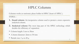 HPLC Columns
Columns works as stationary phase holder in HPLC (heart of HPLC ).
TYPES :-
1. Guard column:-An inexpensive column used to protect a more expensive
analytical column.
2. Analytical column:-The most imp part of the HPLC technology which
decides the efficiency of separation.
• Column length: 5 cm to 30cm
• .Column diameter: 2mm to 50 mm
• Particle size: 1 µ to 20 µ 20
 
