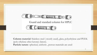 Column material: Stainless steel ( mostly used), glass, polyethylene and PEEK
(poly ethylene ether ketone) (latest).
Particle nature: spherical, uniform , porous materials are used
Guard and standard column for HPLC
21
 
