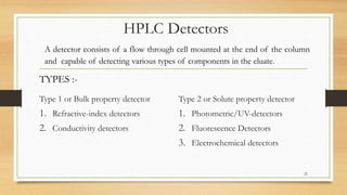 HPLC Detectors
A detector consists of a flow through cell mounted at the end of the column
and capable of detecting various types of components in the eluate.
Type 1 or Bulk property detector
1. Refractive-index detectors
2. Conductivity detectors
TYPES :-
Type 2 or Solute property detector
1. Photometric/UV-detectors
2. Fluorescence Detectors
3. Electrochemical detectors
22
 