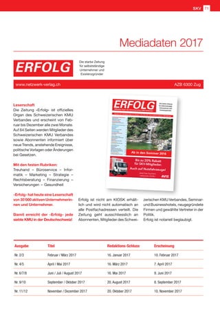 Leserschaft
Die Zeitung «Erfolg» ist offizielles
Organ des Schweizerischen KMU
Verbandes und erscheint von Feb-
ruar bis Dezember alle zwei Monate.
Auf 64 Seiten werden Mitglieder des
Schweizerischen KMU Verbandes
sowie Abonnenten informiert über
neue Trends, anstehende Ereignisse,
politische Vorlagen oder Änderungen
bei Gesetzen.
Mit den festen Rubriken:
Treuhand  –  Büroservice  –  Infor-
matik  –  Marketing  –  Strategie  – 
Rechtsberatung  –  Finanzierung  – 
Versicherungen  – Gesundheit
«Erfolg» hat heute eine Leserschaft
von 35'000 aktiven Unternehmerin-
nen und Unternehmer.
Damit erreicht der «Erfolg» jede
siebte KMU in der Deutschschweiz!
ERFOLG
Die starke Zeitung
für selbstständige
Unternehmer und
Existenzgründer
www.netzwerk-verlag.ch AZB 6300 Zug
Ausgabe Titel Redaktions-Schluss Erscheinung
Nr. 2/3 Februar / März 2017 16. Januar 2017 10. Februar 2017
Nr. 4/5 April / Mai 2017 16. März 2017 7. April 2017
Nr. 6/7/8 Juni / Juli / August 2017 16. Mai 2017 9. Juni 2017
Nr. 9/10 September / Oktober 2017 20. August 2017 8. September 2017
Nr. 11/12 November / Dezember 2017 20. Oktober 2017 10. November 2017
Erfolg ist nicht am KIOSK erhält-
lich und wird nicht automatisch an
alle Postfachadressen verteilt. Die
Zeitung geht ausschliesslich an
Abonnenten, Mitglieder des Schwei-
Mediadaten 2017
zerischen KMU Verbandes, Seminar-
und Businesshotels, neugegründete
Firmen und gewählte Vertreter in der
Politik.
Erfolg ist notariell beglaubigt.
SKV 71
Schweizerischer KMU Verband
SKV Think Tank 4Willkommen in Ghana! 6Swissness in China 24
Unternehmertreffen
Einladung nach Schönenwerd 5
Steuern
Unternehmenssteuerrechtsreform 8
Rechtsberatung
Rechtsdienst 9
Kolumne
Auch ein Zoo ist ein KMU 10
Büroorganisation
Schweizer Software 13
Gesundheitsclub Schweiz
Querdenker 14
Gesundheit
Pflege und Betreuung 16Gesund und fit am Arbeitsplatz 17Ruhe bewahren
19
Marketing
Risiko für Zahlungsausfälle 20
Management
Hochwertige Übersetzungen 21
Versicherung
Keine Panikverkäufe! 22Haftpflichtfälle 23
Swissness
Einziger Fahrradhersteller 27Fahnen sind Schweizer Sache 29Beste Matratzen und Bettwaren 31Filz in allen Formen 32
Projektmanagement
Fachübersetzungen von Profis 39
Nummer 7/8 • Juli /August 2016 • 10. Jahrgang • Preis CHF 3.90 • www.netzwerk-verlag.ch • AZB 6300 Zug
ERFOLG Die starke Zeitung
für Selbstständige,
Unternehmer und
Existenzgründer
Offizielles Organ des Schweizerischen KMU Verbandes
Ab in den Sommer 2016
Bis zu 20% Rabatt
für SKV-Mitglieder.
Auch auf Nutzfahrzeuge!
Jetzt hier buchen:
www.avis.ch/skv
 