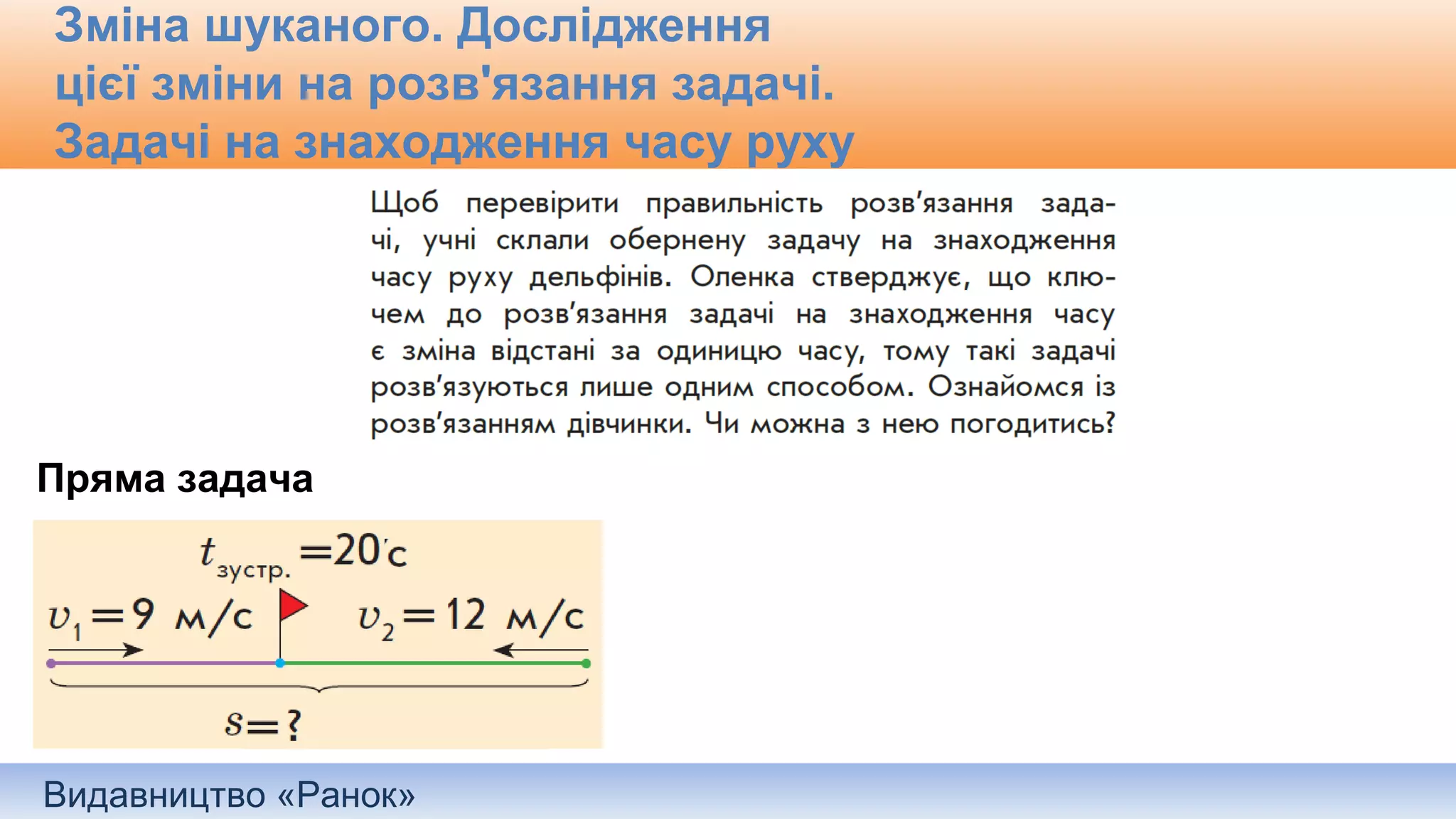 Видавництво «Ранок»
Зміна шуканого. Дослідження
цієї зміни на розв'язання задачі.
Задачі на знаходження часу руху
Пряма задача
 