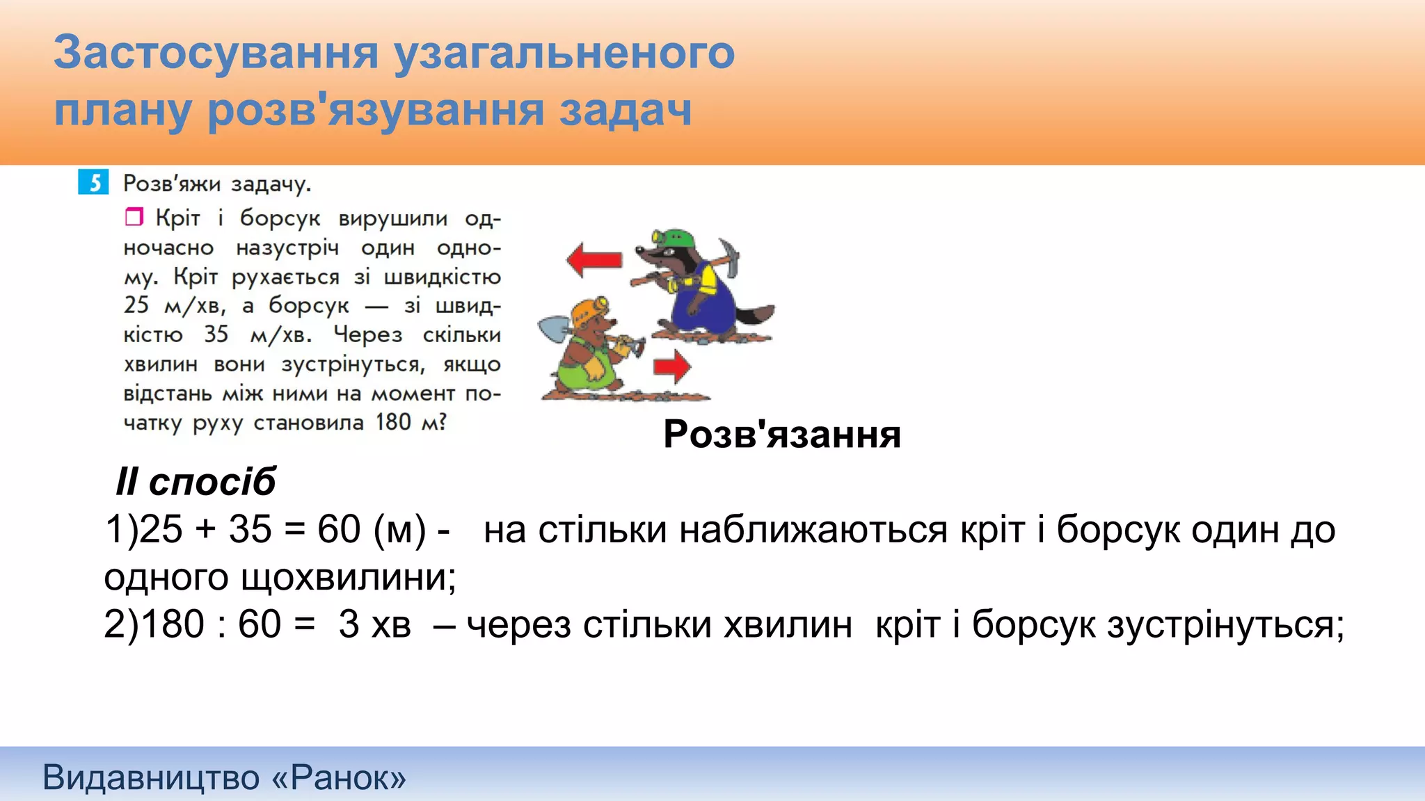 Видавництво «Ранок»
Застосування узагальненого
плану розв'язування задач
Розв'язання
ІІ спосіб
1)25 + 35 = 60 (м) - на стільки наближаються кріт і борсук один до
одного щохвилини;
2)180 : 60 = 3 хв – через стільки хвилин кріт і борсук зустрінуться;
 