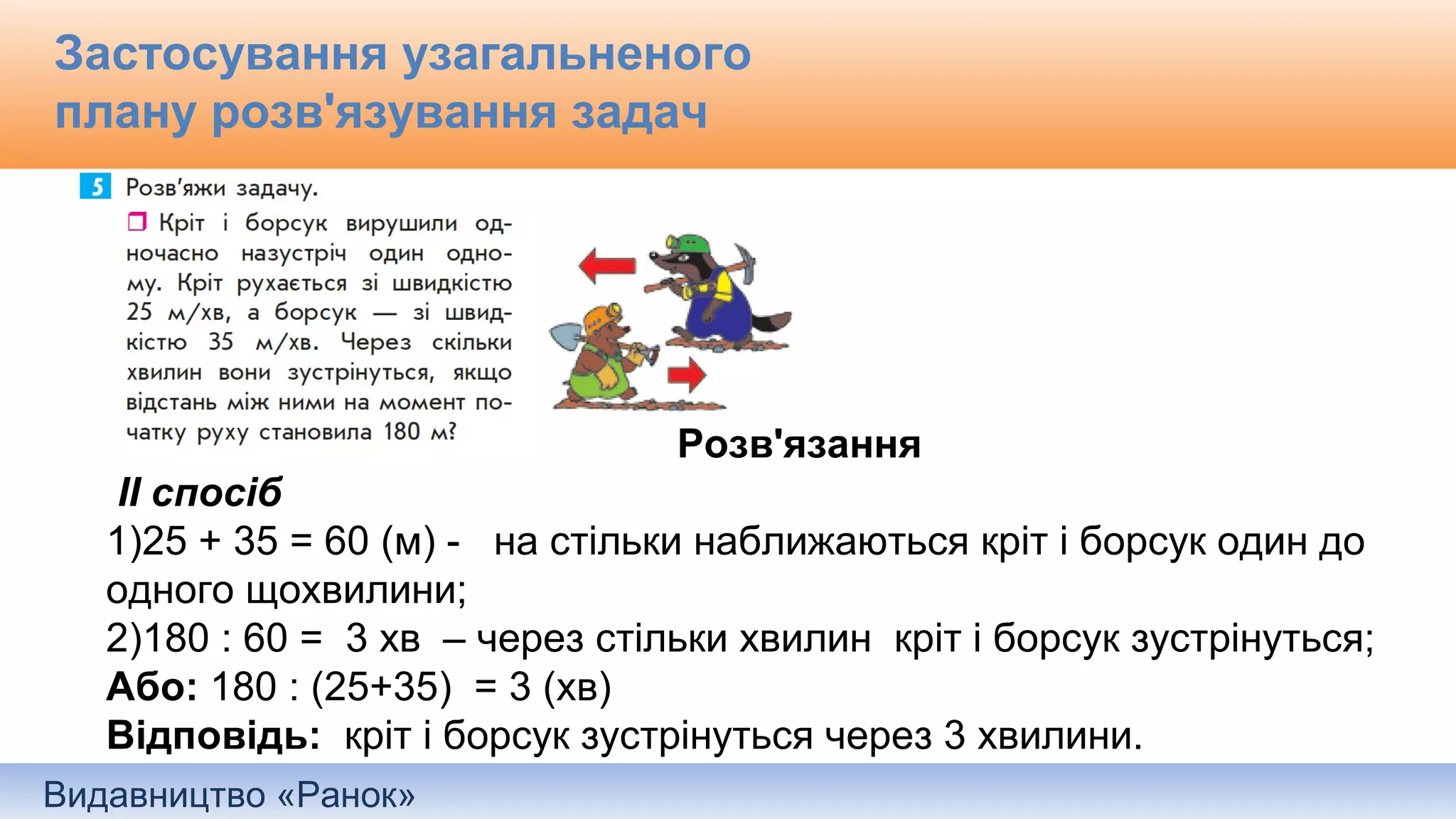 Видавництво «Ранок»
Застосування узагальненого
плану розв'язування задач
Розв'язання
ІІ спосіб
1)25 + 35 = 60 (м) - на стільки наближаються кріт і борсук один до
одного щохвилини;
2)180 : 60 = 3 хв – через стільки хвилин кріт і борсук зустрінуться;
Або: 180 : (25+35) = 3 (хв)
Відповідь: кріт і борсук зустрінуться через 3 хвилини.
 