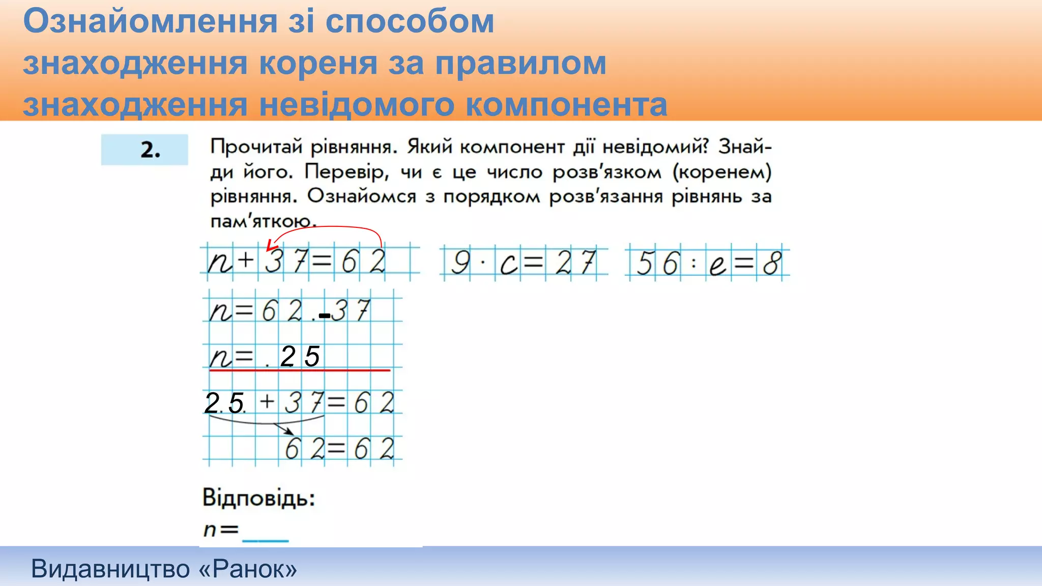 Видавництво «Ранок»
Ознайомлення зі способом
знаходження кореня за правилом
знаходження невідомого компонента
-
2 5
2 5
 