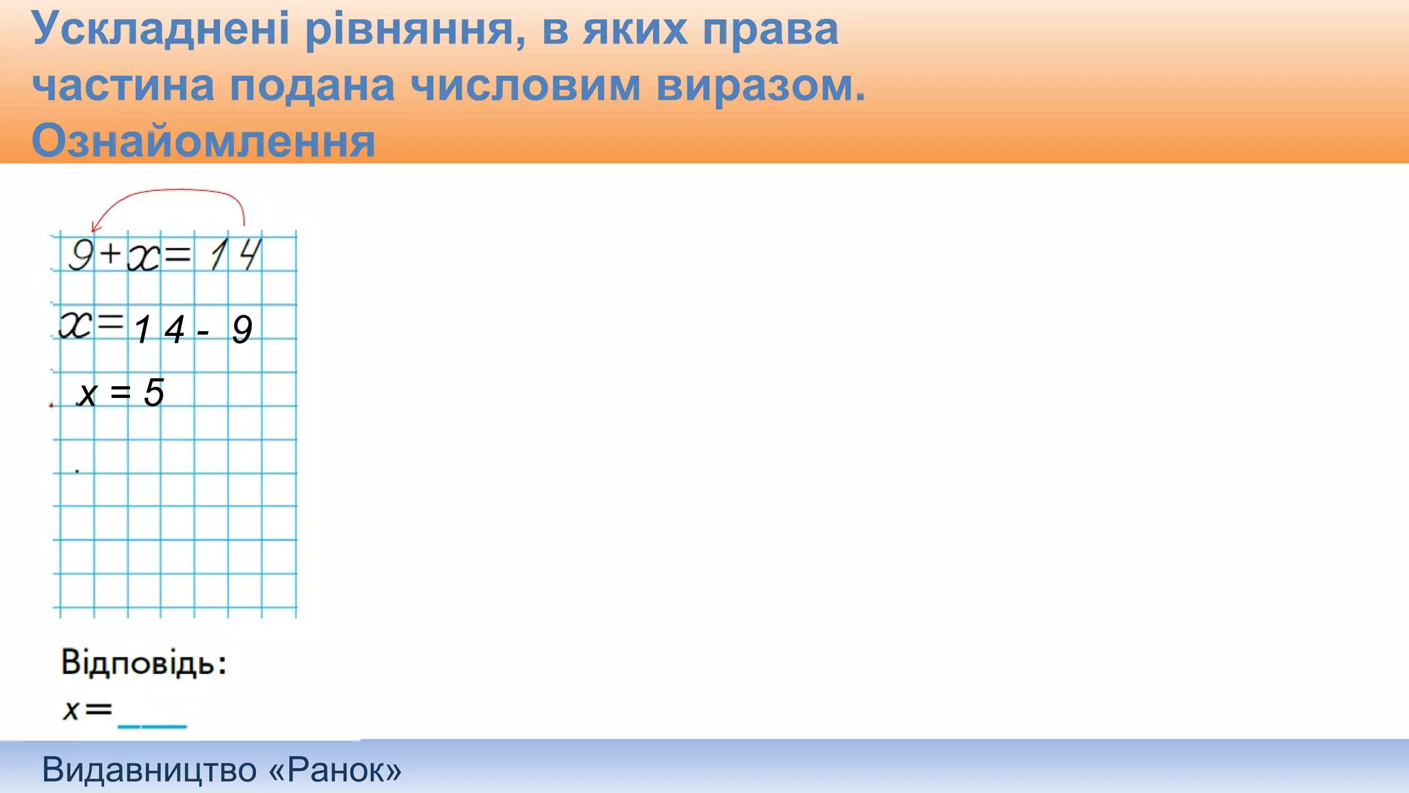 Видавництво «Ранок»
Ускладнені рівняння, в яких права
частина подана числовим виразом.
Ознайомлення
1 4 - 9
х = 5
 