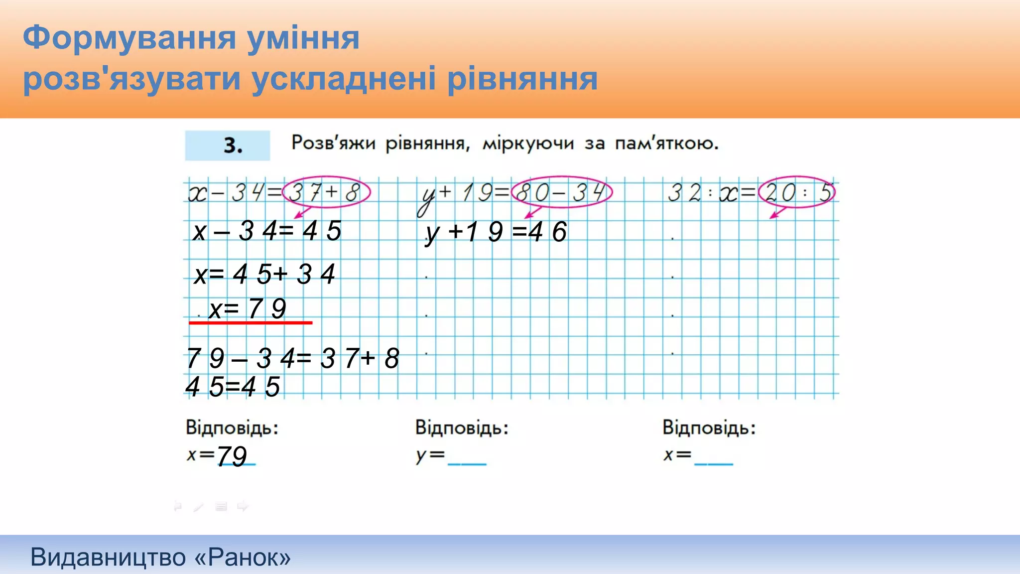 Видавництво «Ранок»
Формування уміння
розв'язувати ускладнені рівняння
х – 3 4= 4 5
х= 4 5+ 3 4
х= 7 9
7 9 – 3 4= 3 7+ 8
4 5=4 5
79
у +1 9 =4 6
 