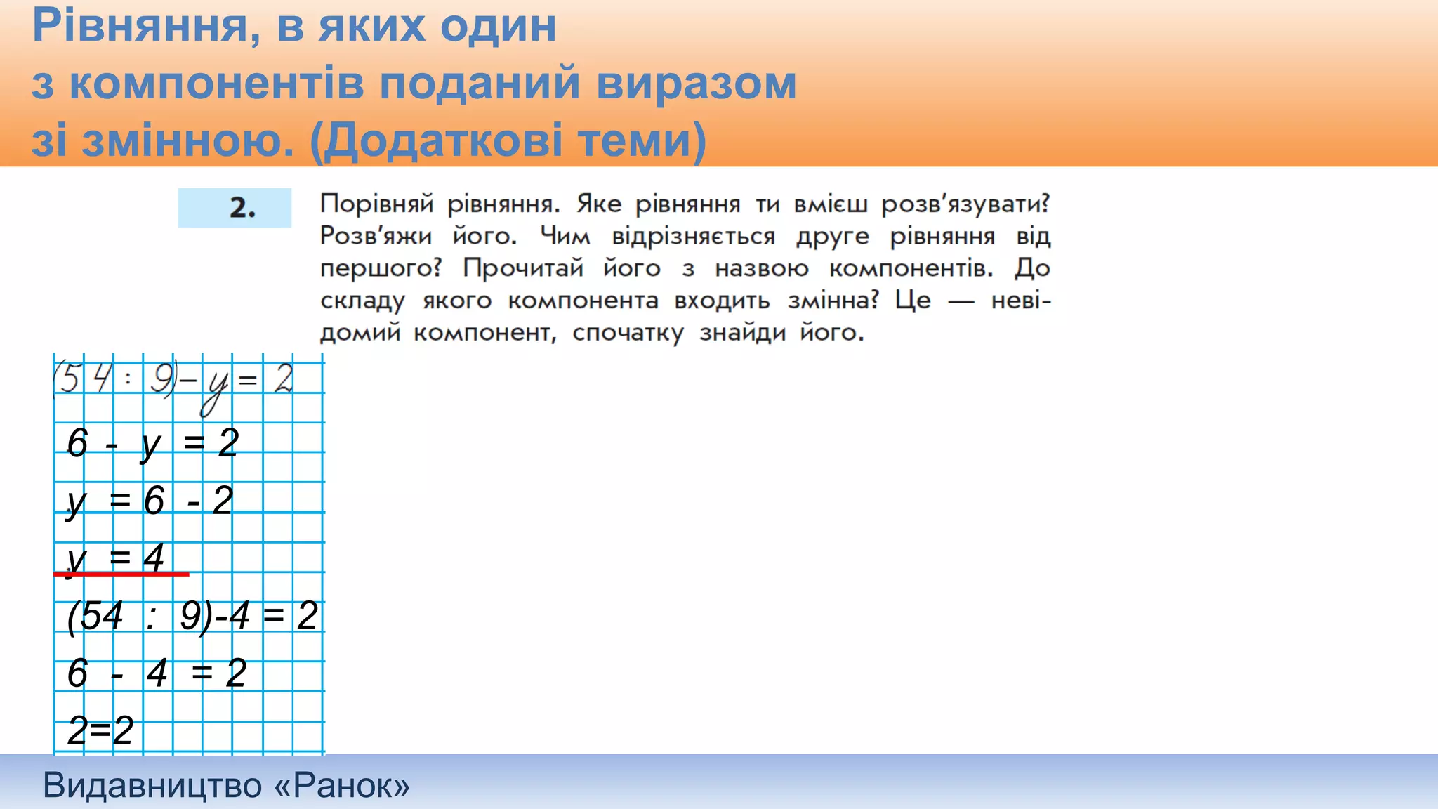 Видавництво «Ранок»
Рівняння, в яких один
з компонентів поданий виразом
зі змінною. (Додаткові теми)
6 - у = 2
у = 6 - 2
у = 4
(54 : 9)-4 = 2
6 - 4 = 2
2=2
 