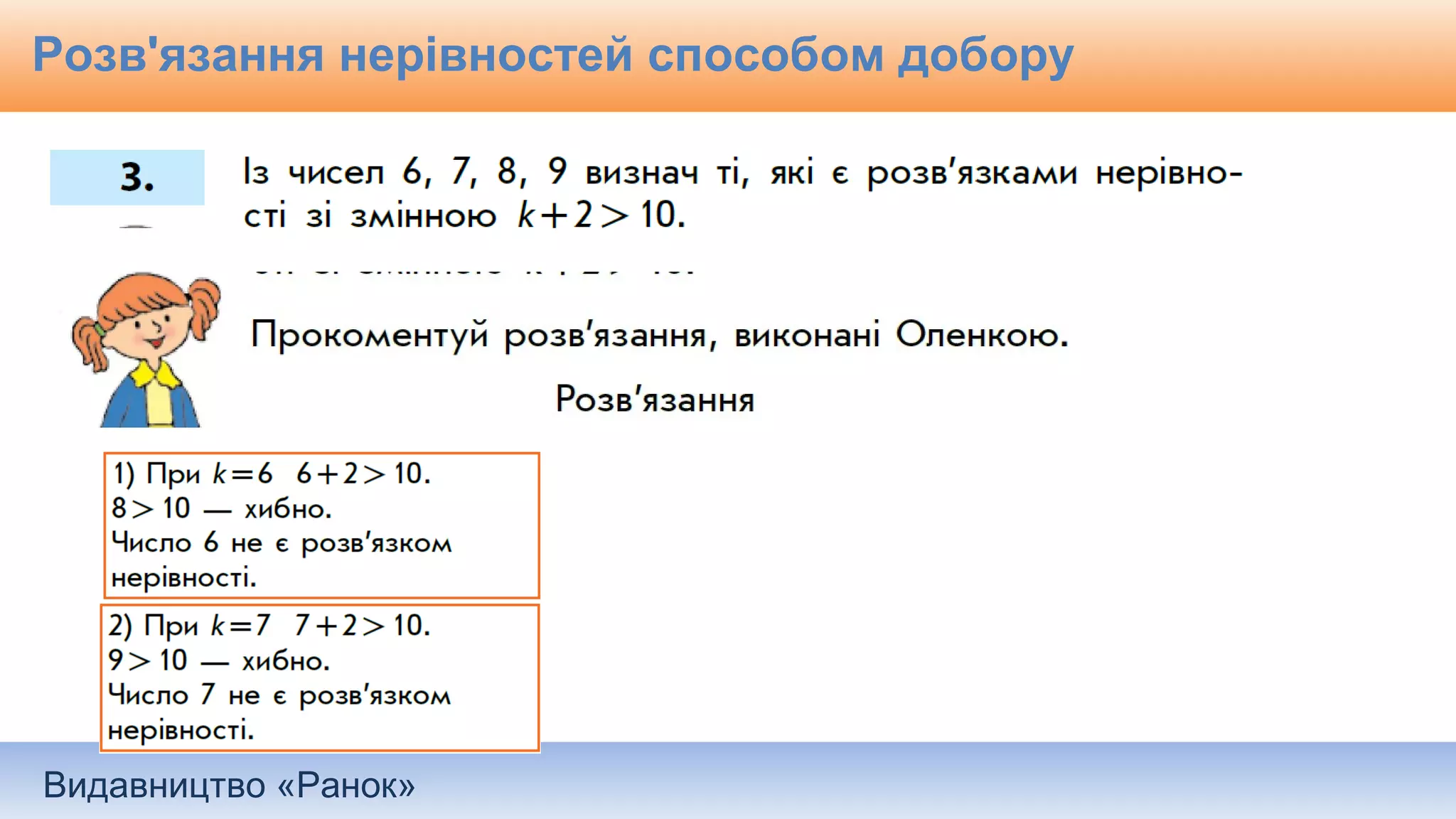 Видавництво «Ранок»
Розв'язання нерівностей способом добору
 