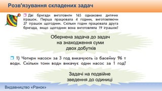 Видавництво «Ранок»
Розв'язування складених задач
Обернена задача до задач
на знаходження суми
двох добутків
Задачі на подвійне
зведення до одиниці
 
