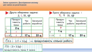 Видавництво «Ранок»
Зміна шуканого. Дослідження впливу
цієї зміни на розв'язання
17 ц 51 ц
5 1 : 1 7 = 3 (ц)
3 - 2 = 1 (ц) -
17
2 ц
17 ц 51 ц
17
2 ц
?, 1
?
1 ц
 
