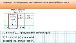 Видавництво «Ранок»
Формування уміння розв'язувати задачі на спільну роботу: пряма та обернена задача
3 м
5 м
4 м
1) 3 + 5 = 8 (м) - продуктивність спільної праці;
2) 8 ∙ 4 = 3 2 (м) – загальний
виробіток при спільній роботі.
 