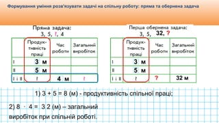 Видавництво «Ранок»
Формування уміння розв'язувати задачі на спільну роботу: пряма та обернена задача
3 м
5 м
4 м
1) 3 + 5 = 8 (м) - продуктивність спільної праці;
3 м
5 м
32, ?
32 м?
2) 8 ∙ 4 = 3 2 (м) – загальний
виробіток при спільній роботі.
 