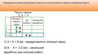 Видавництво «Ранок»
Формування уміння розв'язувати задачі на спільну роботу: пряма та обернена задача
3 м
5 м
4 м
1) 3 + 5 = 8 (м) - продуктивність спільної праці;
2) 8 ∙ 4 = 3 2 (м) – загальний
виробіток при спільній роботі.
 