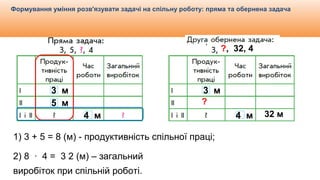 Видавництво «Ранок»
Формування уміння розв'язувати задачі на спільну роботу: пряма та обернена задача
3 м
5 м
4 м
1) 3 + 5 = 8 (м) - продуктивність спільної праці;
2) 8 ∙ 4 = 3 2 (м) – загальний
виробіток при спільній роботі.
3 м
5 м
4 м
?, 32, 4
32 м
?
 