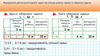 Видавництво «Ранок»
Формування уміння розв'язувати задачі на спільну роботу: пряма та обернена задача
32
3 м
4 м 32 м
1) 3 2 : 4 = 8 (м) - продуктивність спільної праці;
2) 8 – 3 = 5 (м) – продуктивність
праці Івана.
32
3 м
4 м 32 м
?, 5
 