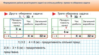 Видавництво «Ранок»
Формування уміння розв'язувати задачі на спільну роботу: пряма та обернена задача
32
3 м
4 м 32 м
1) 3 2 : 4 = 8 (м) - продуктивність спільної праці;
2) 8 – 3 = 5 (м) – продуктивність
праці Івана.
32
3 м
4 м 32 м
?, 5
?
5 м
 