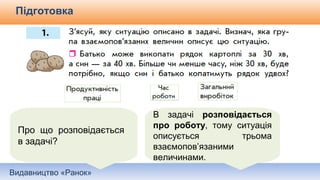 Видавництво «Ранок»
Підготовка
Про що розповідається
в задачі?
В задачі розповідається
про роботу, тому ситуація
описується трьома
взаємопов’язаними
величинами.
 
