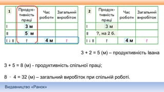 Видавництво «Ранок»
3 м
5 м
4 м
3 + 5 = 8 (м) - продуктивність спільної праці;
8 ∙ 4 = 32 (м) – загальний виробіток при спільній роботі.
11
3 м
4 м
12
?, на 2 б.
3 + 2 = 5 (м) – продуктивність Івана
 