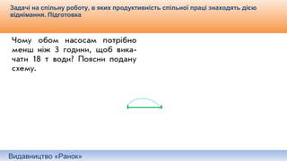 Видавництво «Ранок»
Задачі на спільну роботу, в яких продуктивність спільної праці знаходять дією
віднімання. Підготовка
 