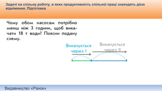 Видавництво «Ранок»
Задачі на спільну роботу, в яких продуктивність спільної праці знаходять дією
віднімання. Підготовка
 